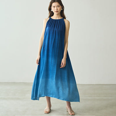 日本製 藍段染グラデーションノースリーブワンピース sumi019-bluedanzome